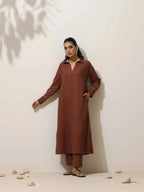 trueBrowns Brown Cotton Linen Kurta Pant Set | Grocsy