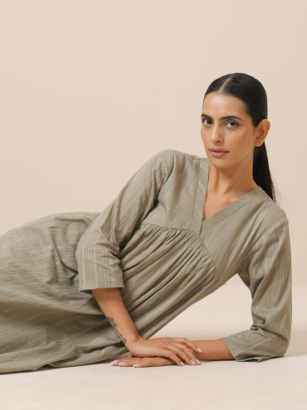 trueBrowns Cotton Olive Green Flared Slit Kurta Pant Set | Grocsy