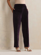 trueBrowns Wine Velvet Floral Embroidered Kurta Pant Dupatta Set | Grocsy