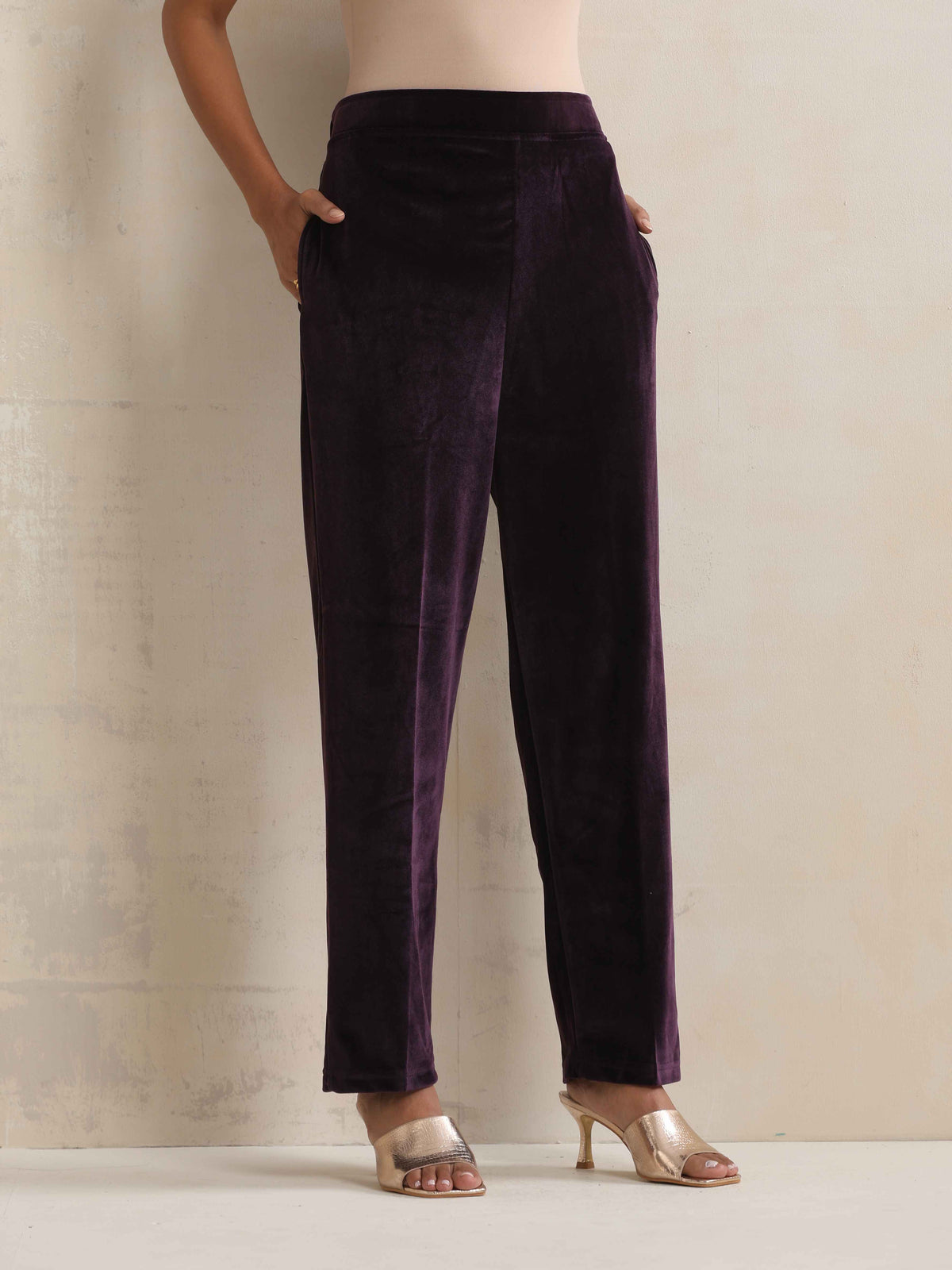 trueBrowns Wine Velvet Floral Embroidered Kurta Pant Dupatta Set | Grocsy
