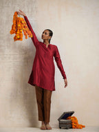 trueBrowns Red Silk Kurta Co-ord Set | Grocsy