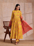 trueBrowns Sunshine Yellow Overall Floral Block Print Cotton Kurta Pant Dupatta Set | Grocsy