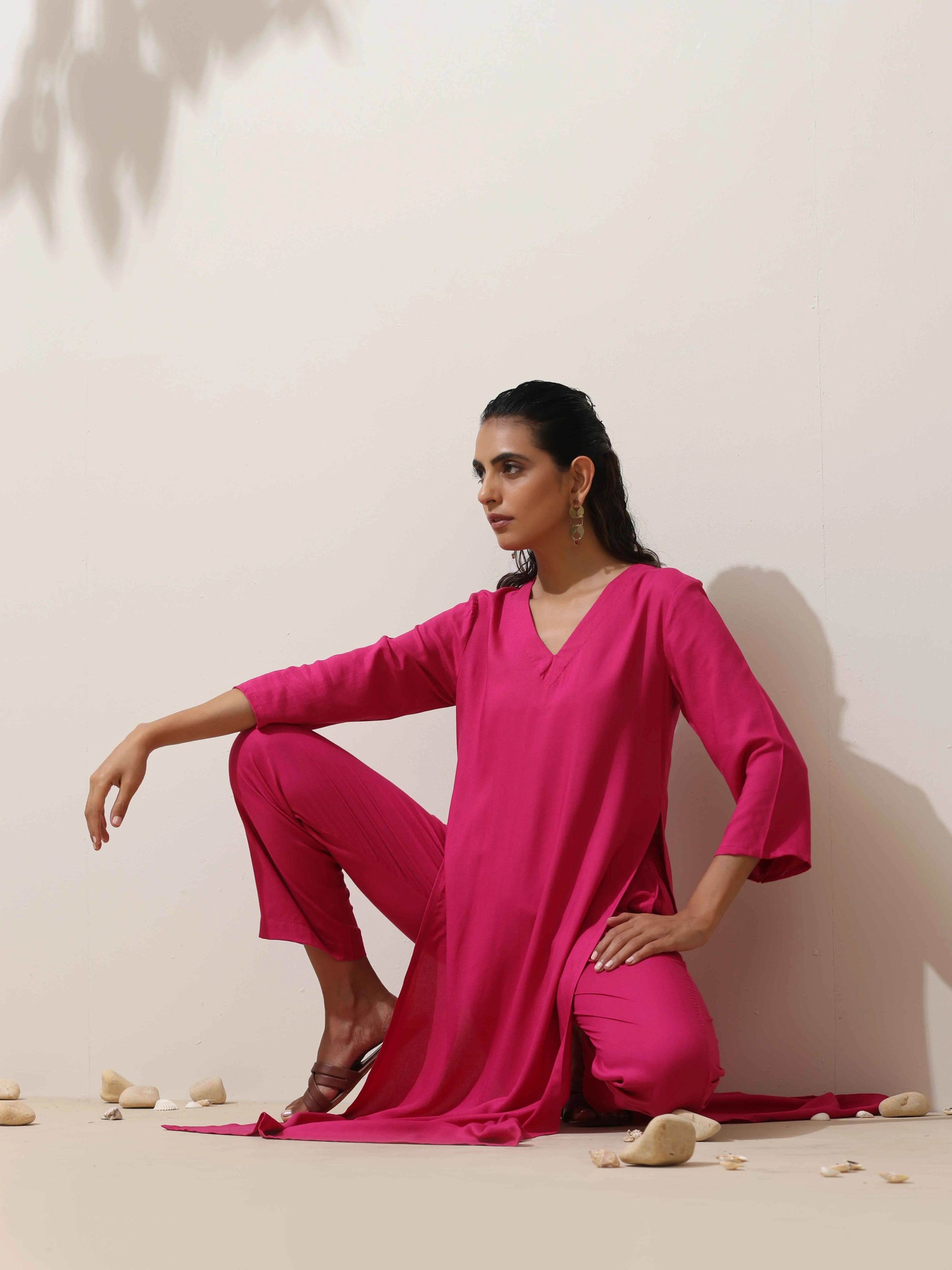 trueBrowns Pink Viscose Kurta Pant Set | Grocsy