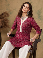 InWeave Women's Burgundy Maroon Print V Neck Lace Work Straight Kurta | Grocsy