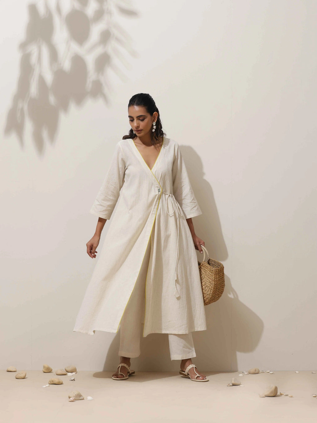trueBrowns Off White Cotton Linen Angrakha Kurta Pant Set | Grocsy