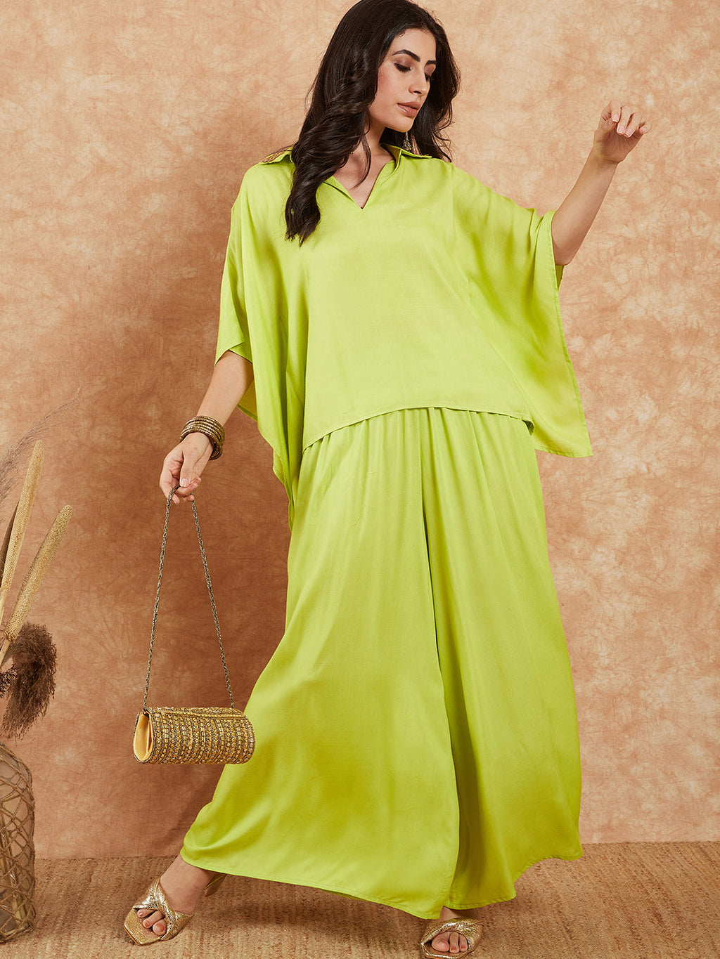 InWeave Women's Lime Green Solid Collar Neck Boho Top Bottom Set | Grocsy