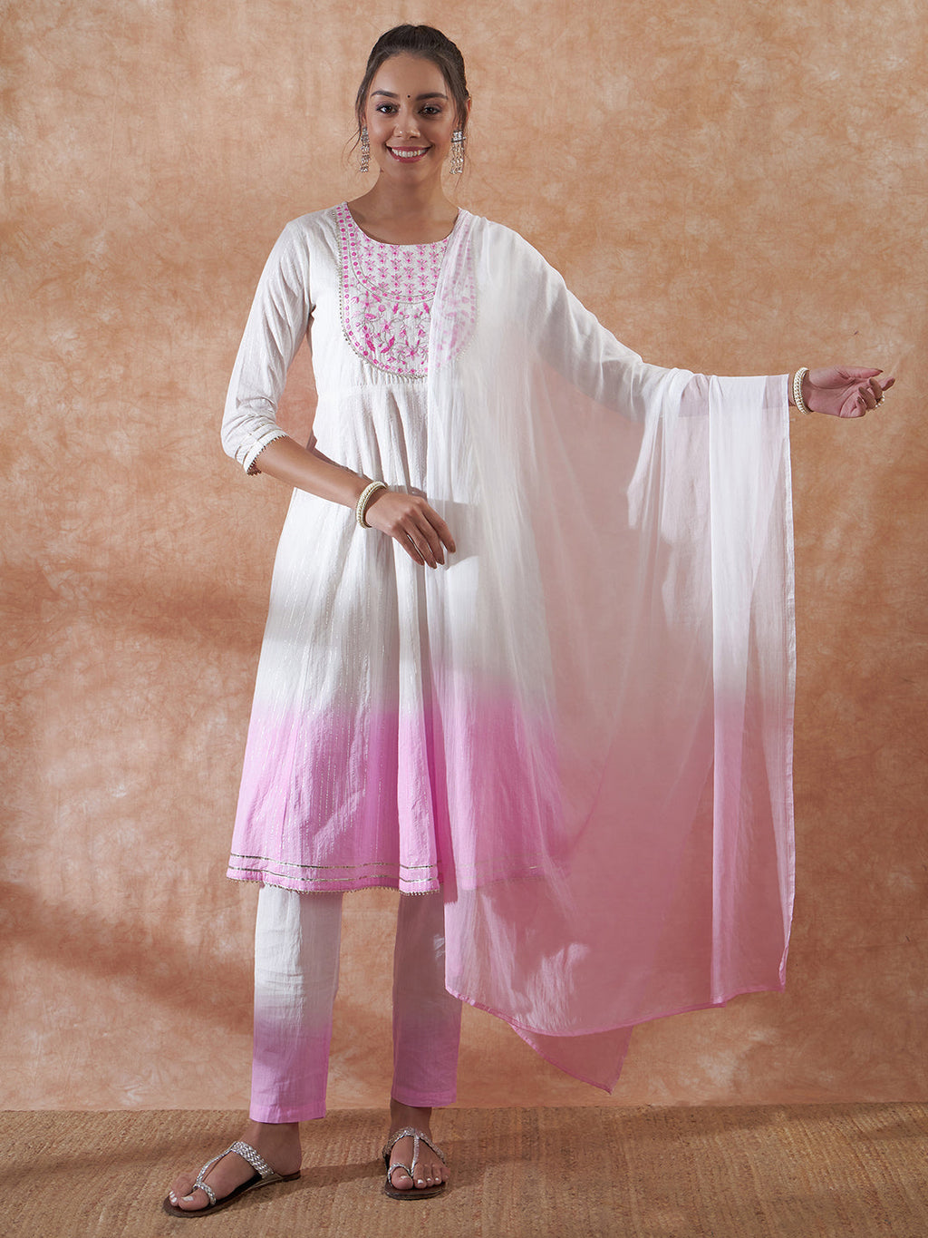 InWeave Women's White Lurex Pink Dye Patch Gota Anarkali Kurta Set W Dupatta | Grocsy