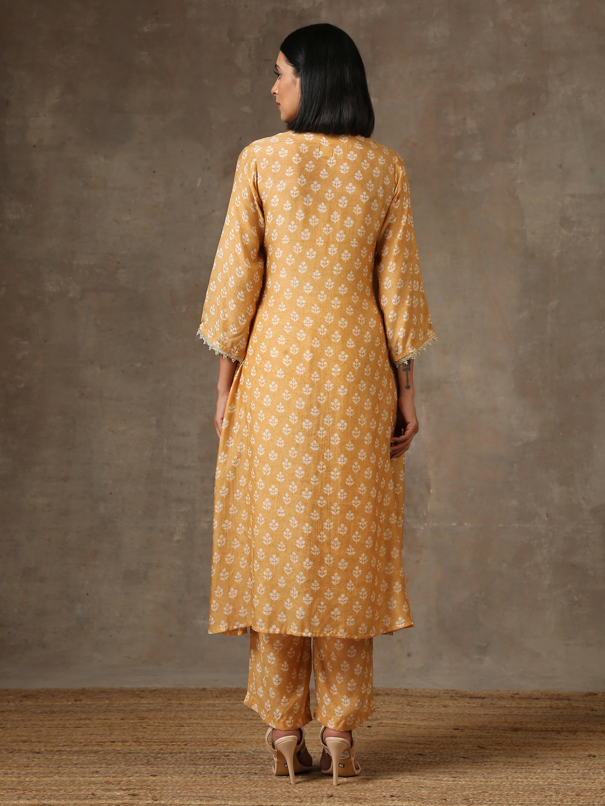trueBrowns Beige White Flared Printed Silk Kurta Pant Set | Grocsy