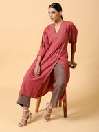trueBrowns Cotton Linen Rust Red Kurta Pant Set | Grocsy