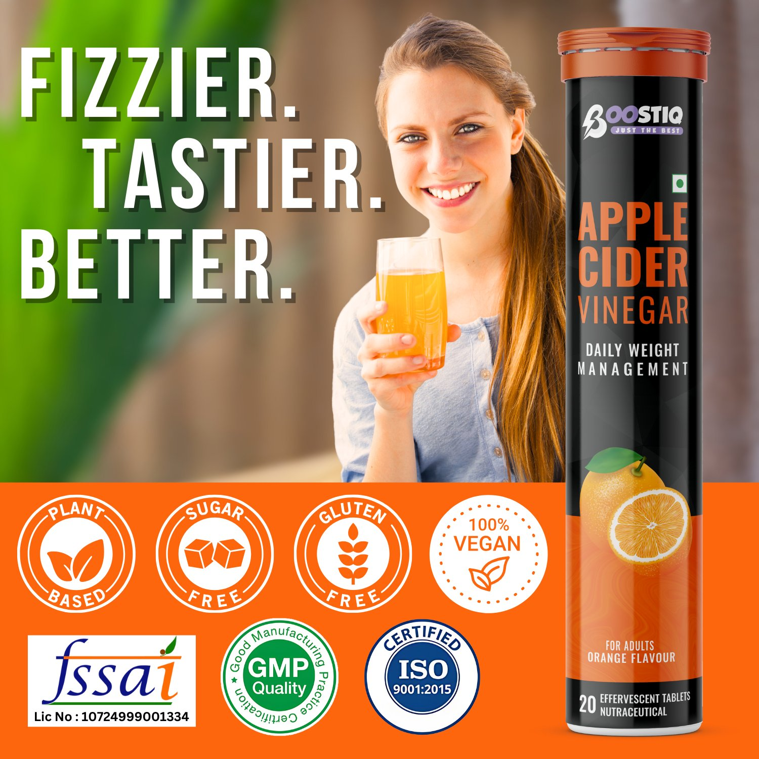 BOOSTIQ Apple Cider Vinegar Effervescent Tablets - Orange Flavour | Grocsy
