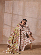 trueBrowns White With Red Yellow Buta Block Print Cotton Kurta Pant Dupatta Set | Grocsy