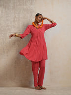 trueBrowns Peach Crinkle Flared Kurta Co-ord Set | Grocsy