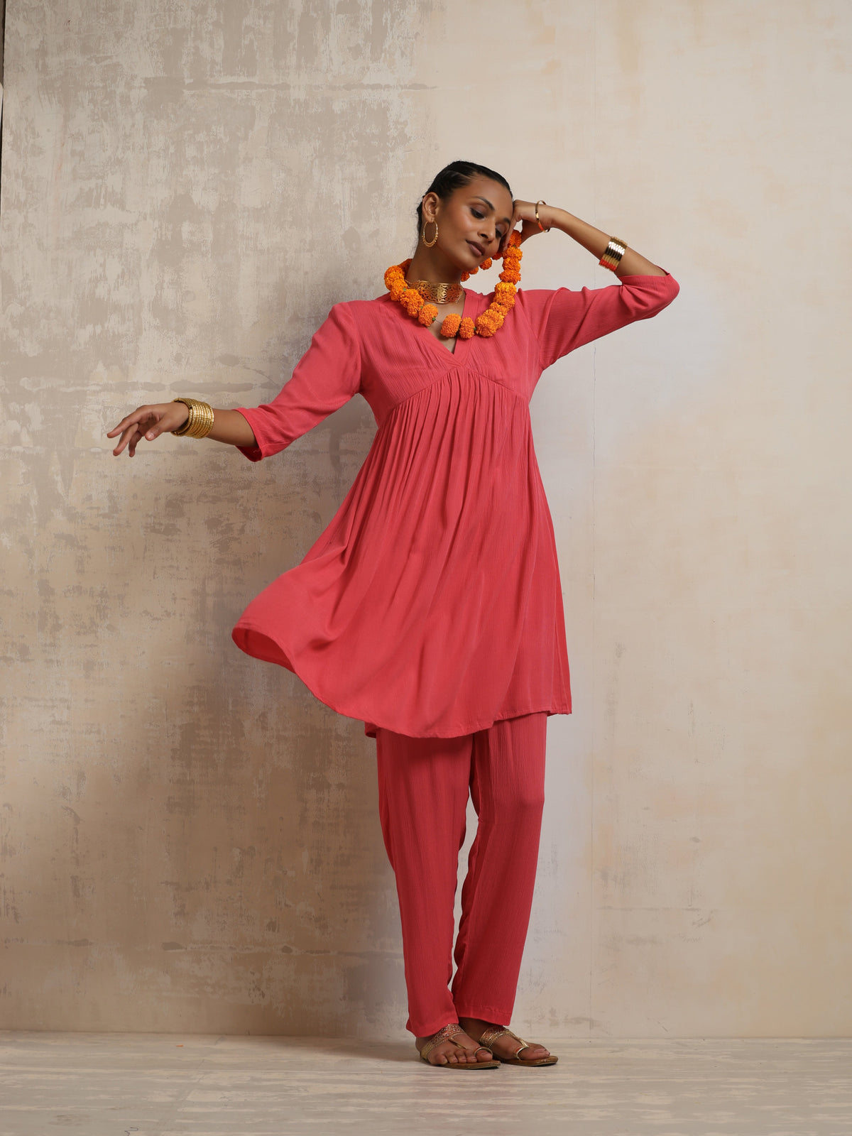 trueBrowns Peach Crinkle Flared Kurta Co-ord Set | Grocsy