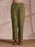 trueBrowns Lime Green Overall Pink Floral Block Print Cotton Flared Kurta Pant Set | Grocsy