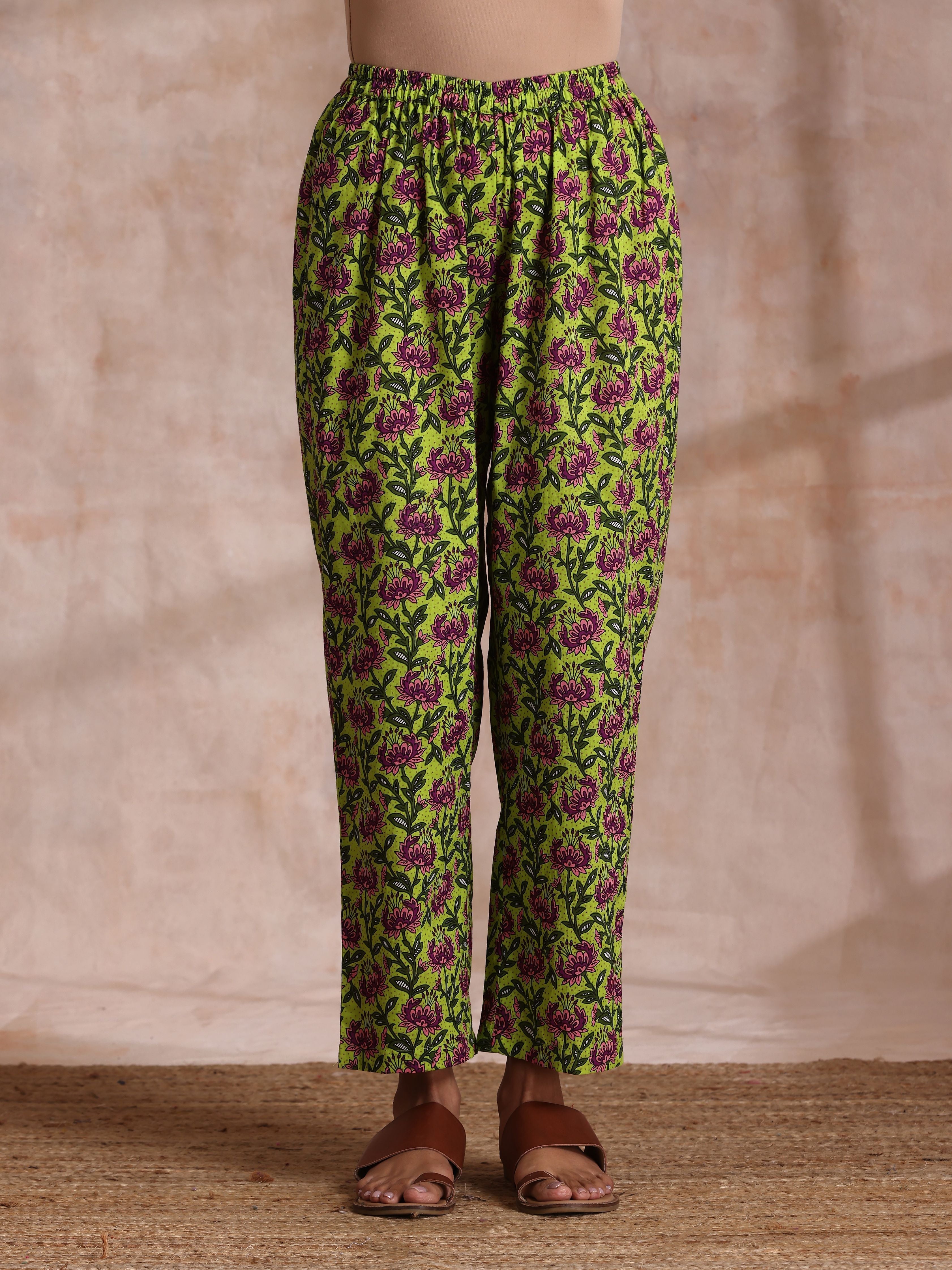 trueBrowns Lime Green Overall Pink Floral Block Print Cotton Flared Kurta Pant Set | Grocsy
