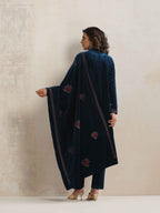 trueBrowns Blue Velvet Floral Embroidered Kurta Pant Dupatta Set | Grocsy
