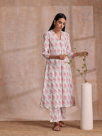 trueBrowns Pink Green Buta On White Block Print Cotton Slit Kurta Pant Set | Grocsy