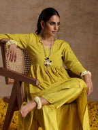 trueBrowns Lime Gold Cotton Kalidar Kurta Set | Grocsy