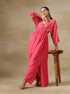 trueBrowns Pink Bandhani Printed Silk Drop Shoulder Dress | Grocsy