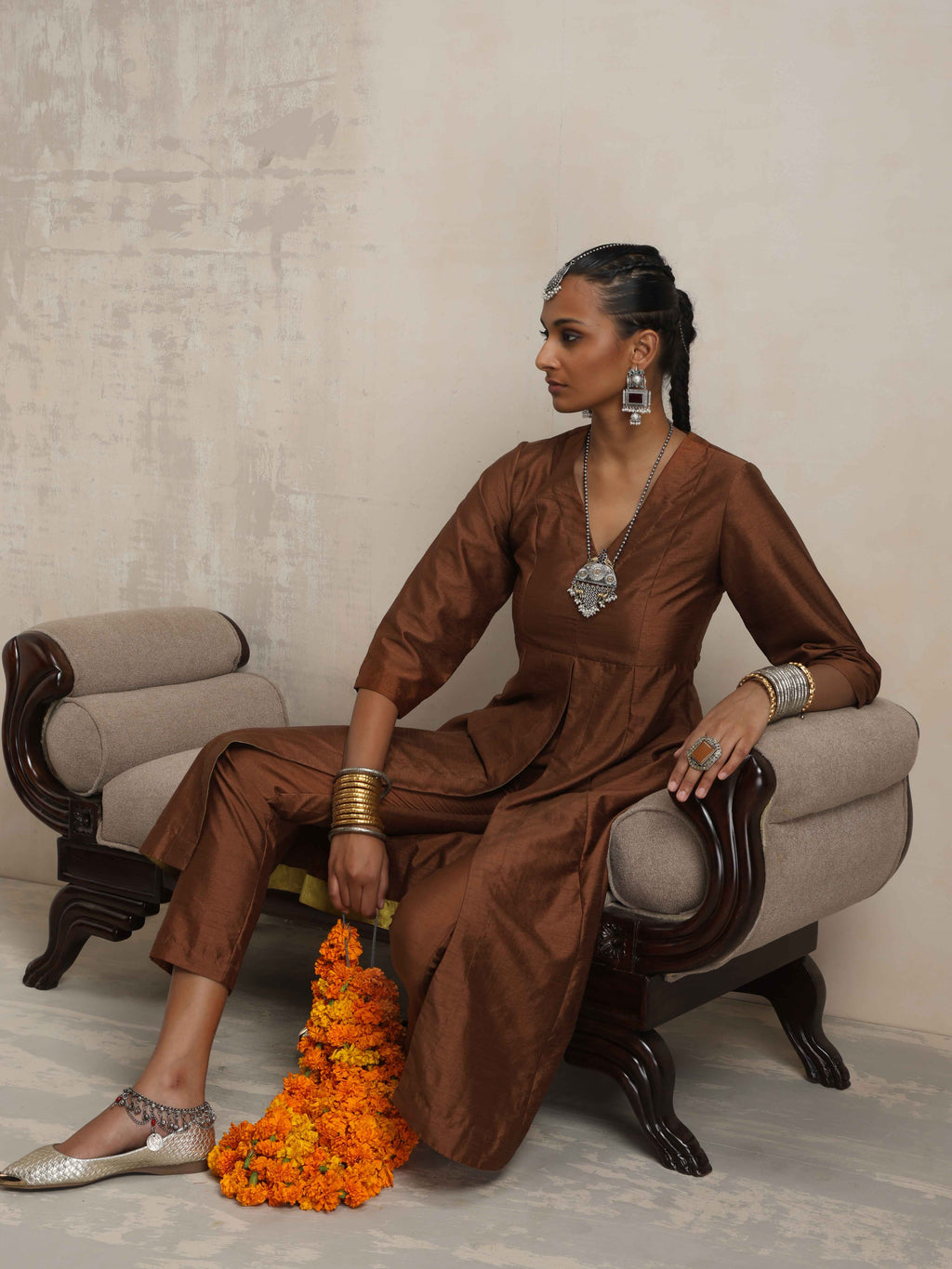 trueBrowns Brown Silk Slit Kurta Set | Grocsy
