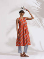 trueBrowns Orange Cotton Print Sleeveless Kurta Set | Grocsy