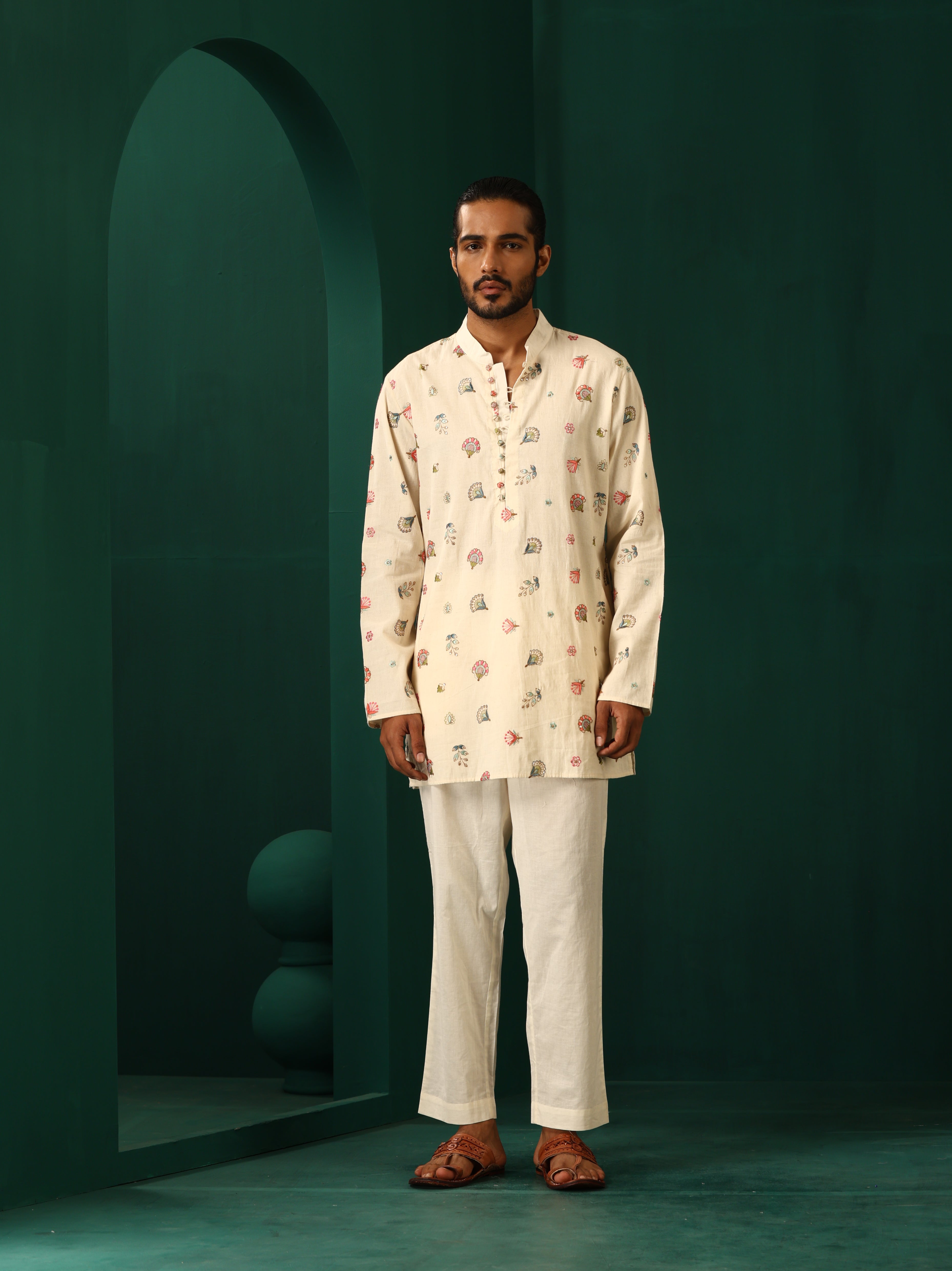 trueBrowns Men's Ivory Multi color Floral Cotton Co-ord Set | Grocsy