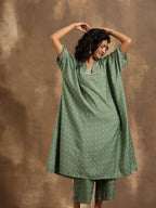 trueBrowns Light Green Bandhani Printed Silk Oversized Kurta Pant Set | Grocsy