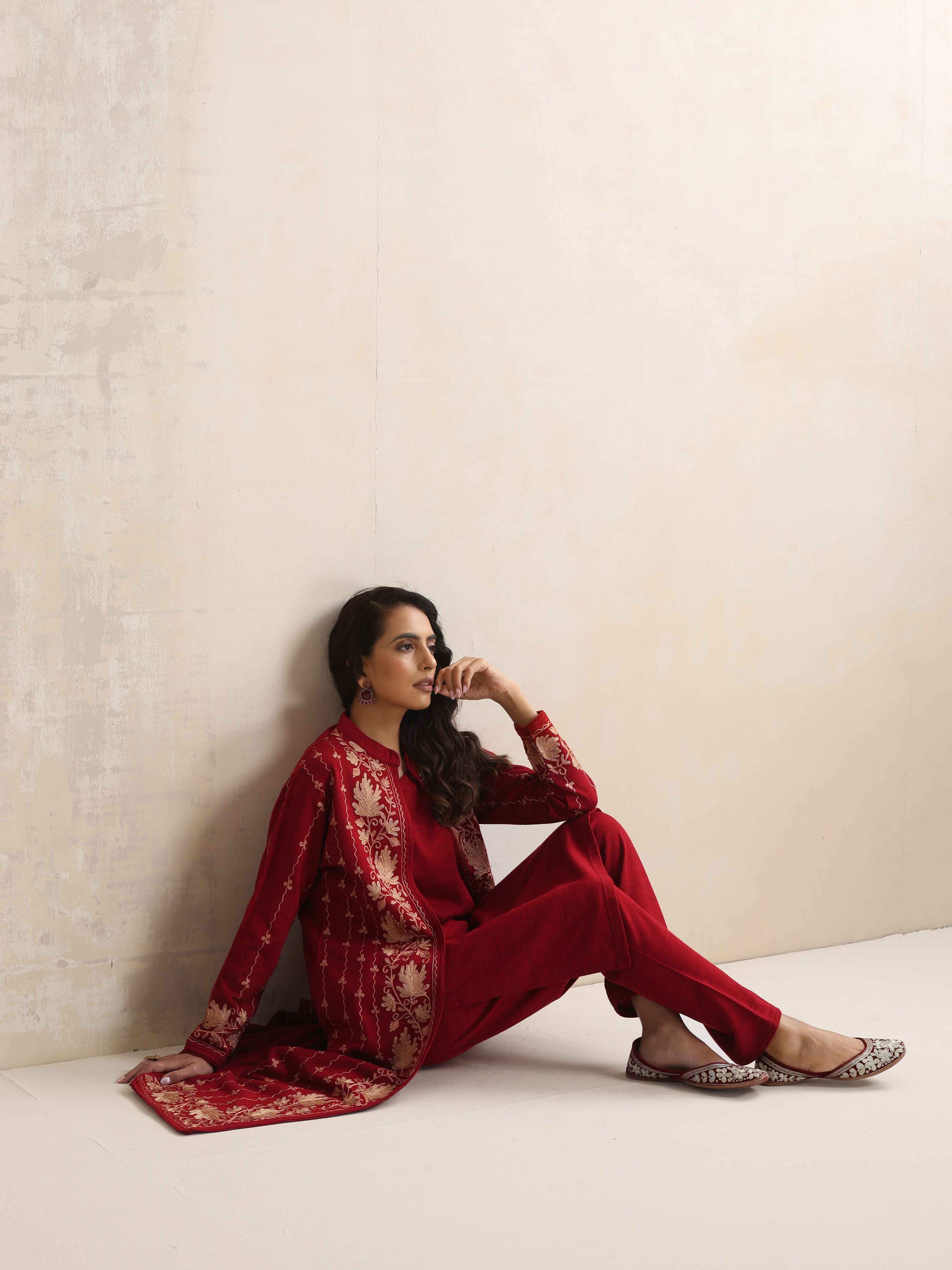 trueBrowns Red Kashmiri Woollen Jacket 3pc Set | Grocsy