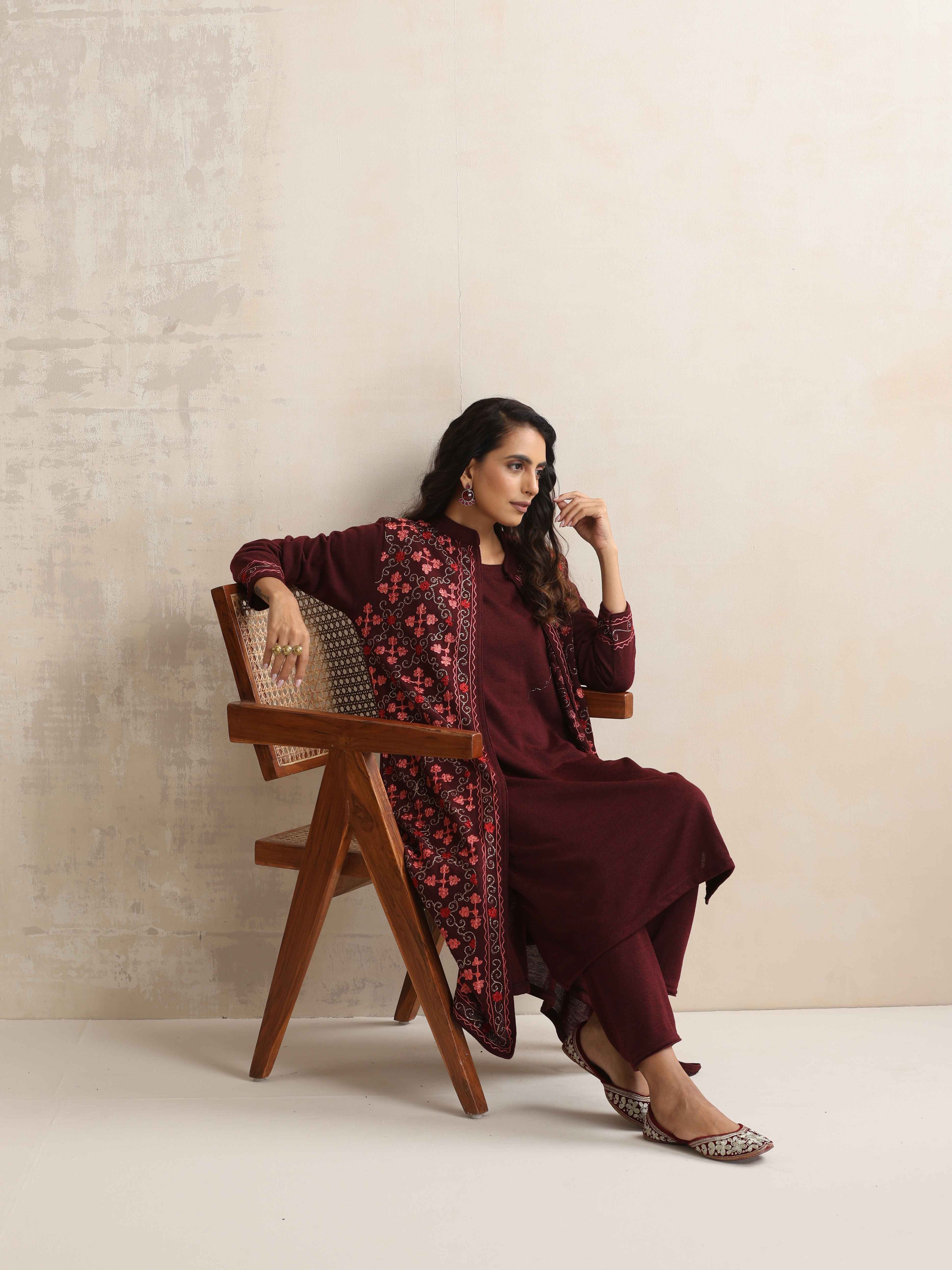 trueBrowns Purple Kashmiri Woollen Jacket 3pc Set | Grocsy
