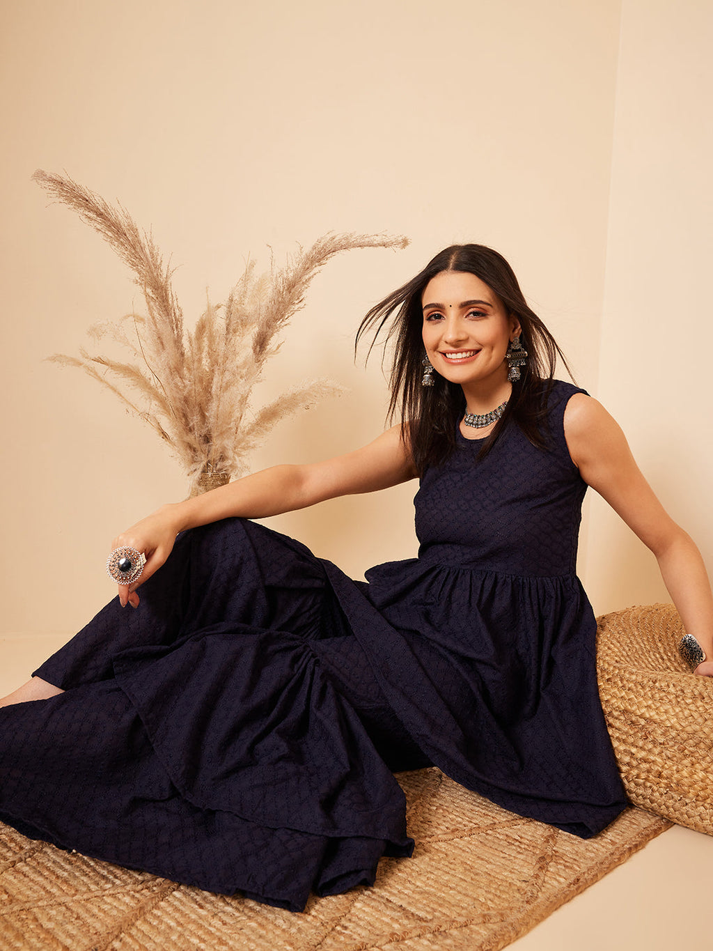 InWeave Women's Navy Blue Lace Work Double Layer Sharara Set | Grocsy
