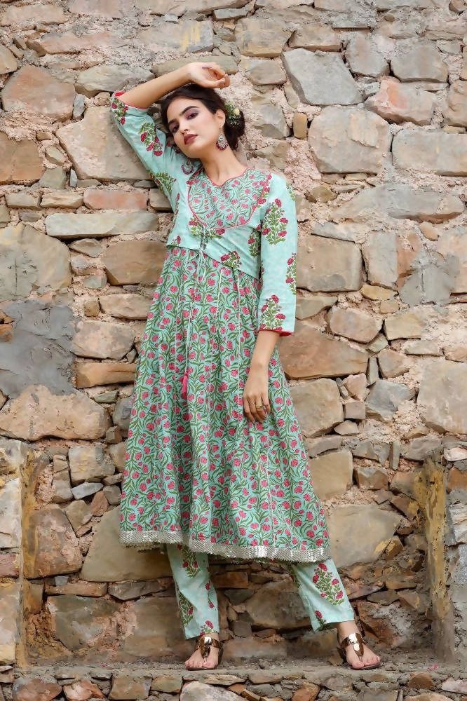 Yufta Women Grey Handblock A-Line Kurta with Trouser | Grocsy