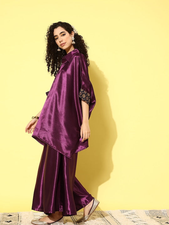 InWeave Women's Wine Navy Brocade Satin Boho Kurta Palazzo Set | Grocsy