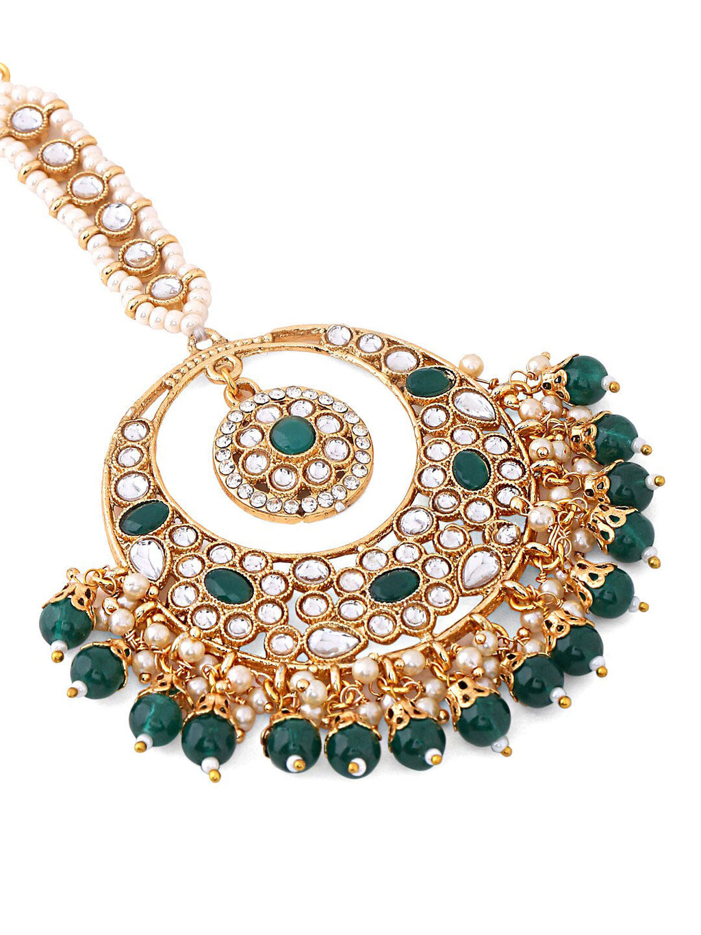 Yellow Chimes Gold-Polished White & Green Kundan-Studded & Beaded Maang Tikka | Grocsy
