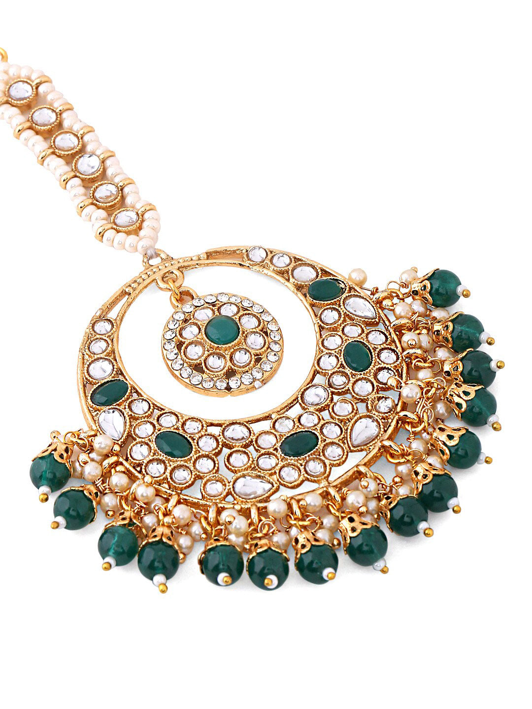 Yellow Chimes Gold-Polished White & Green Kundan-Studded & Beaded Maang Tikka | Grocsy