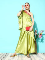InWeave Women's Olive Red Brocade Satin Oneshoulder Kurta Set | Grocsy