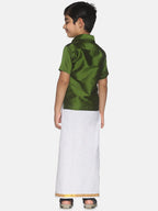 Sethukrishna Boys Olive Green & White Shirt And Veshti Set | Grocsy