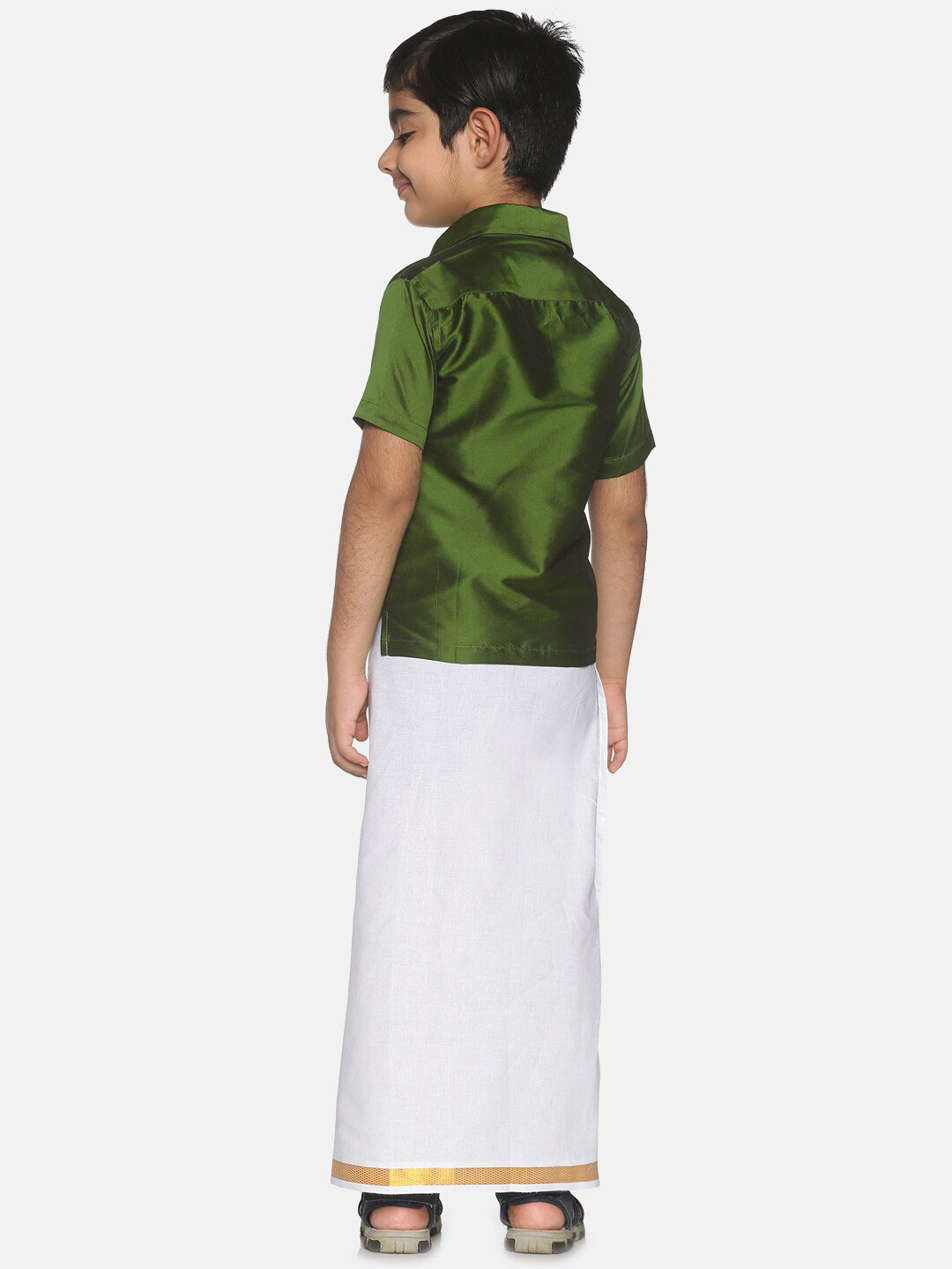 Sethukrishna Boys Olive Green & White Shirt And Veshti Set | Grocsy