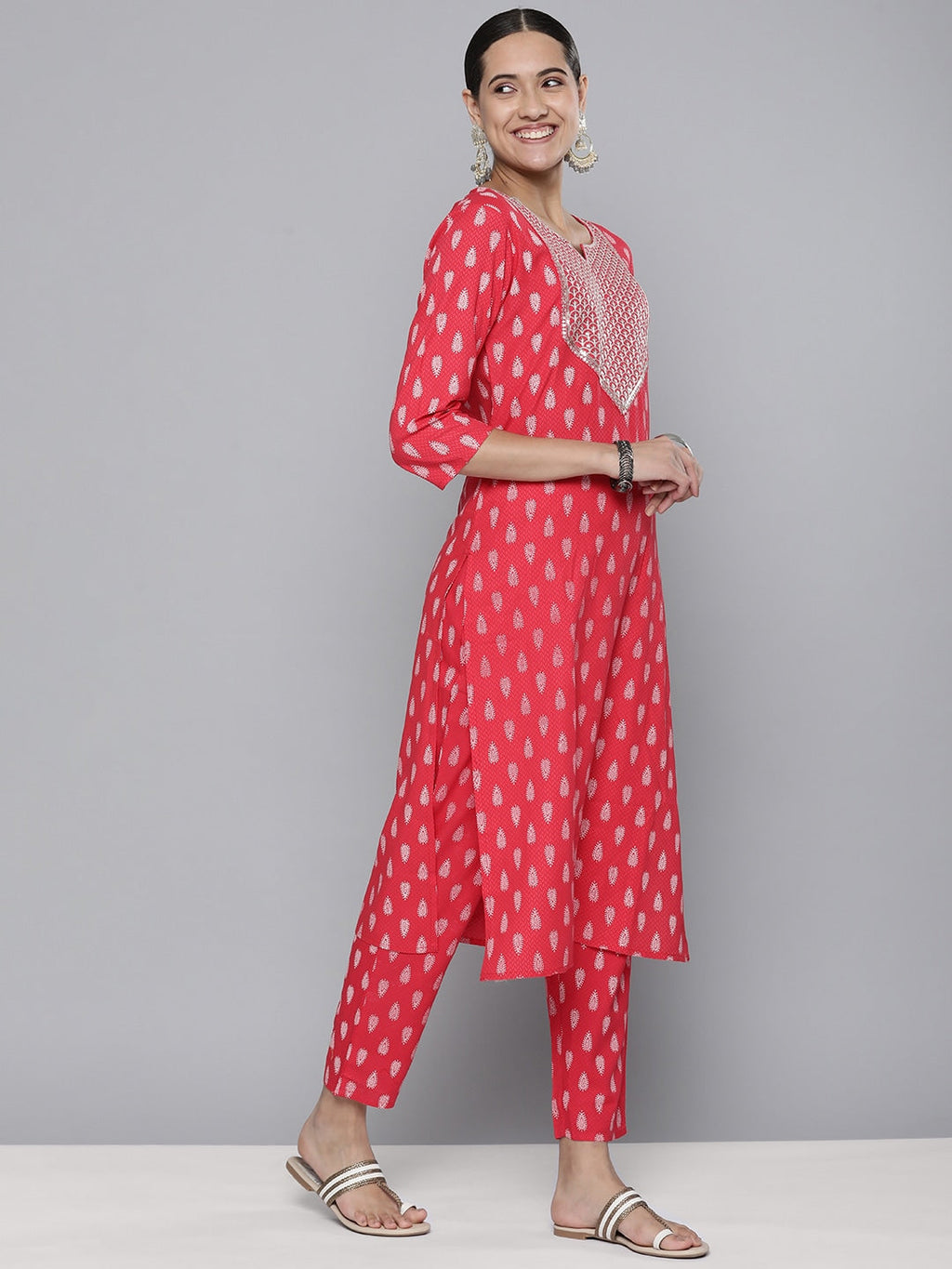 HERE&NOW Women Embroidered Yoke Design Sequinned Kurta with Trousers & With Dupatta | Grocsy