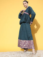 InWeave Women's Teal Mauve Brocade Mughal Shaan Kurta Palazzo Set | Grocsy