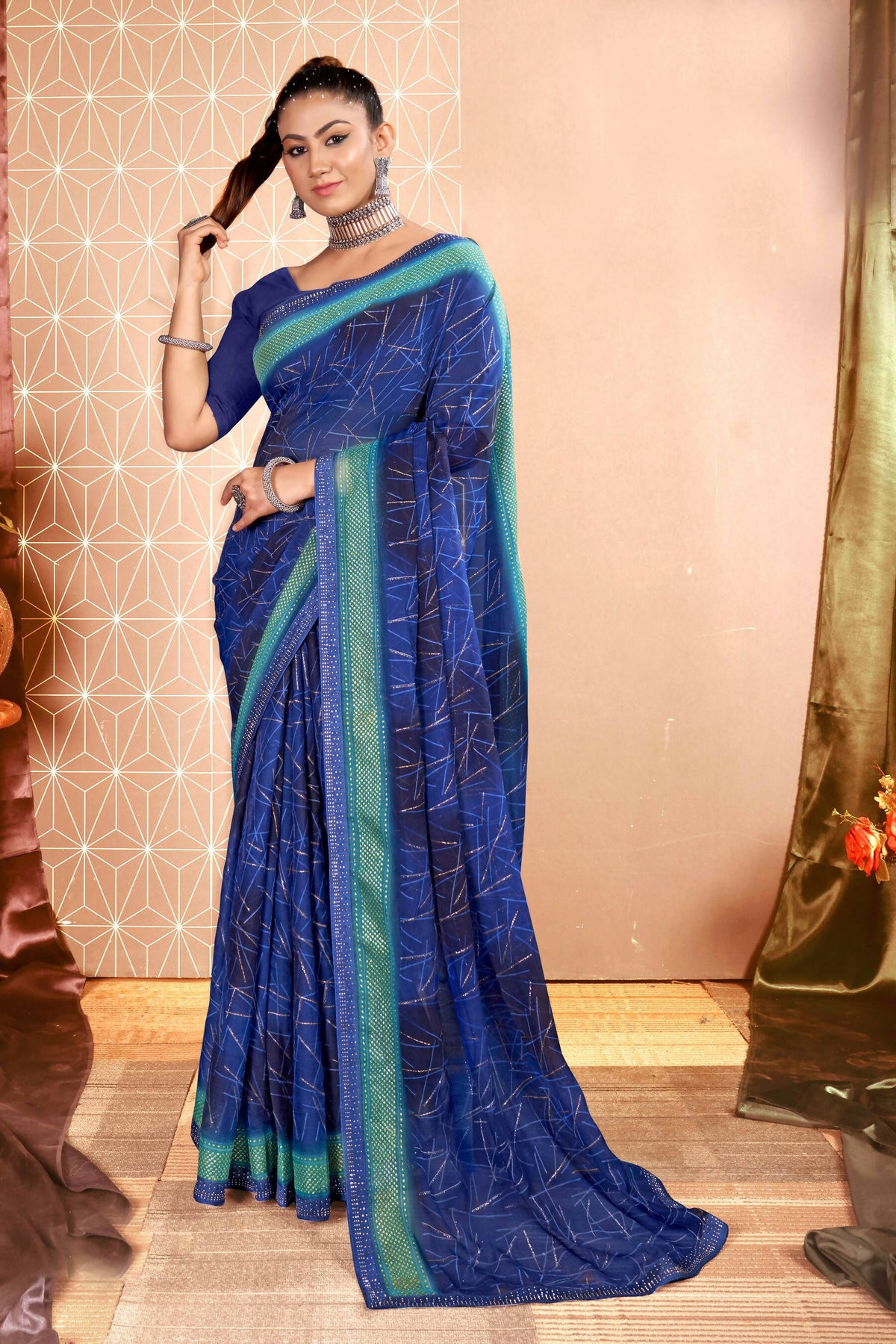Navy Blue Chiffon Abstract Printed Saree With Unstitched Blouse Piece - Rajal | Grocsy