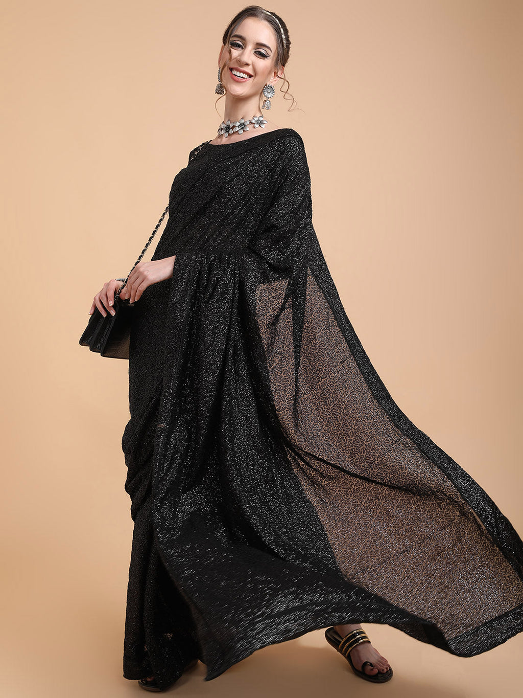 Sangria Women Black Embellished Sequinned Heavy Work Saree | Grocsy