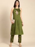 All About You Women Green Floral Print Embroidered Regular Kurta with Trousers | Grocsy