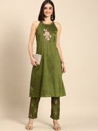 All About You Women Green Floral Print Embroidered Regular Kurta with Trousers | Grocsy