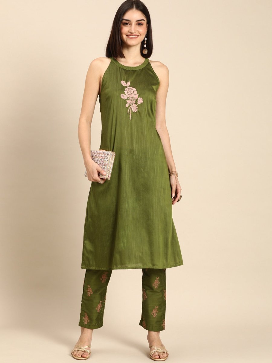 All About You Women Green Floral Print Embroidered Regular Kurta with Trousers | Grocsy
