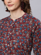 Aks Floral Printed Mandarin Collar Pure Cotton Kurta with Trousers | Grocsy