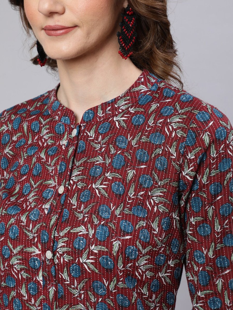 Aks Floral Printed Mandarin Collar Pure Cotton Kurta with Trousers | Grocsy