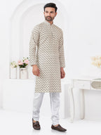 Joban Fashion Men's Rayon Cotton Cream Printed Kurta Pyjama set | Grocsy