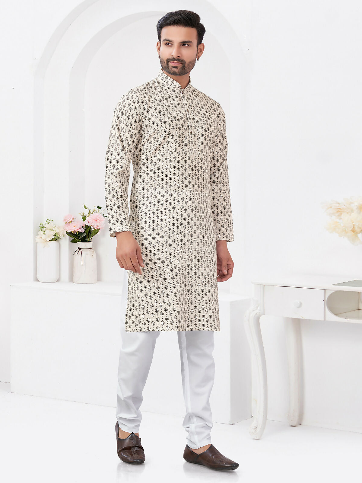 Joban Fashion Men's Rayon Cotton Cream Printed Kurta Pyjama set | Grocsy