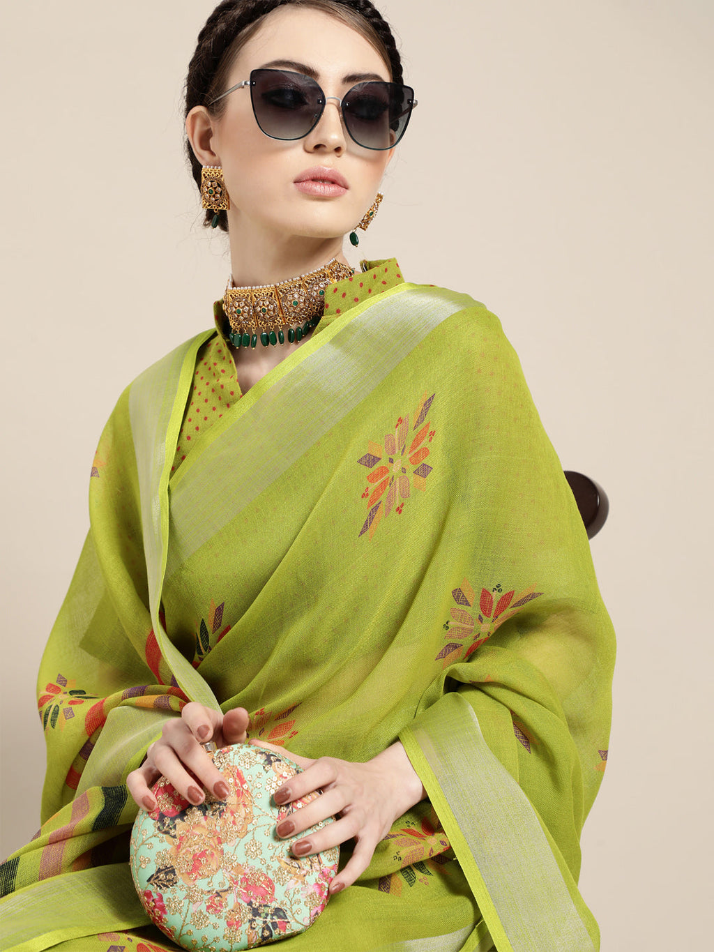 Saree Mall Saree Mall Elegant Green and Orange Linen Blend Saree | Grocsy
