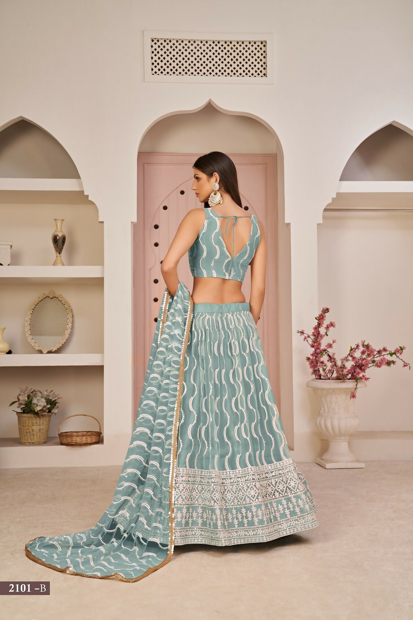 Eilara Mesmerizing Ocean Blue Butterfly Net White Cotton Thread Zari Sandwich Sequence Work Lehenga Choli For Wedding | Grocsy